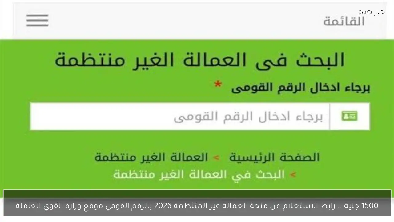 1500 جنية .. رابط الاستعلام عن منحة العمالة غير المنتظمة 2026 بالرقم القومي موقع وزارة القوي العاملة