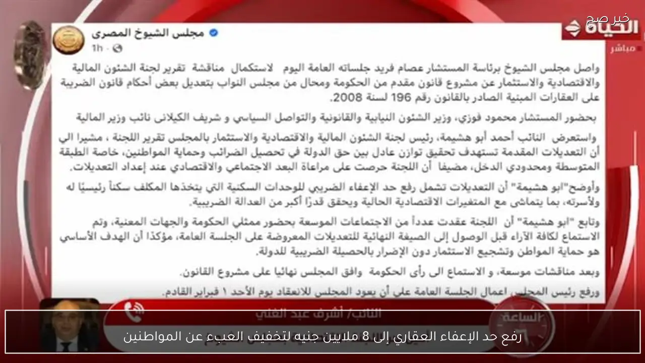 رفع حد الإعفاء العقاري إلى 8 ملايين جنيه لتخفيف العبء عن المواطنين