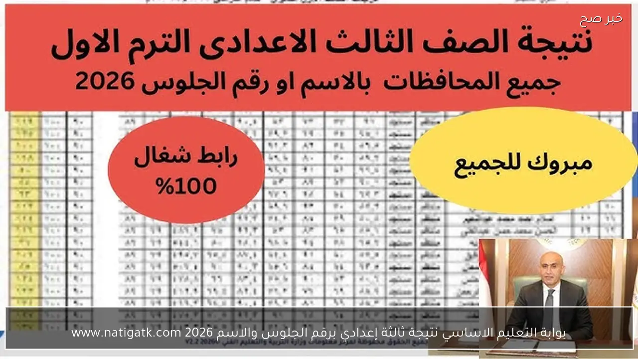 بوابة التعليم الاساسي نتيجة ثالثة إعدادي برقم الجلوس والاسم 2026 www.natigatk.com