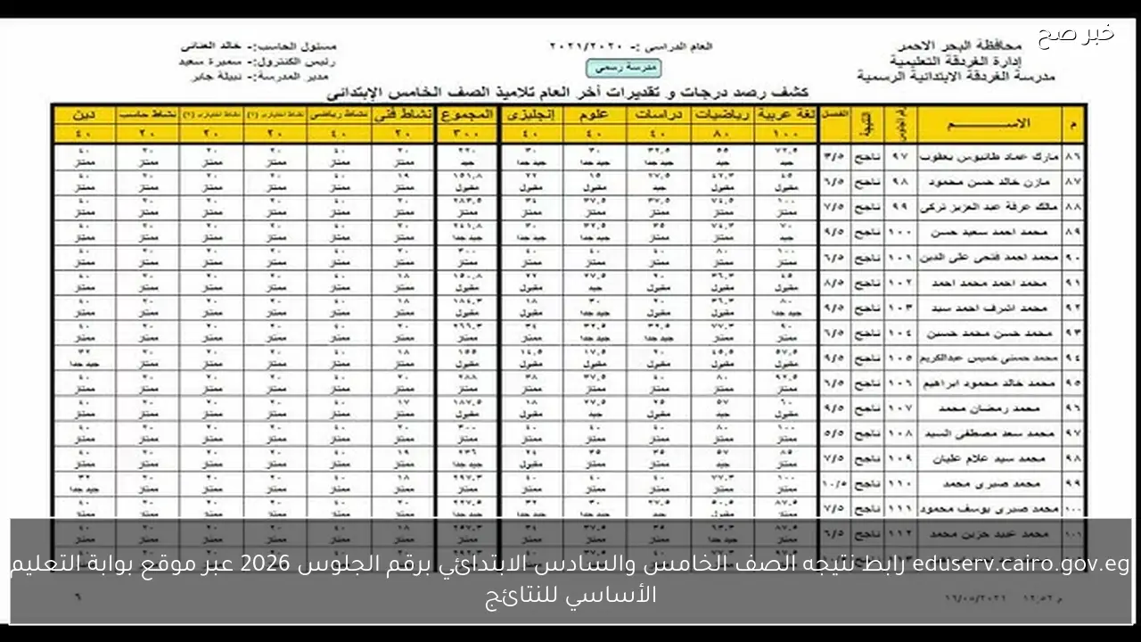 eduserv.cairo.gov.eg رابط نتيجه الصف الخامس والسادس الابتدائي برقم الجلوس 2026 عبر موقع بوابة التعليم الأساسي للنتائج