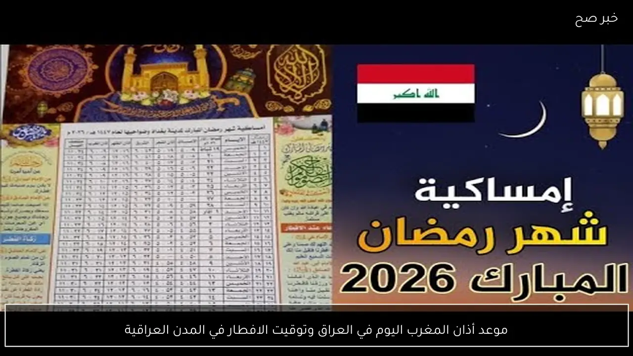 موعد أذان المغرب اليوم في العراق وتوقيت الافطار في المدن العراقية.. إمساكية شهر رمضان 2026 في العراق