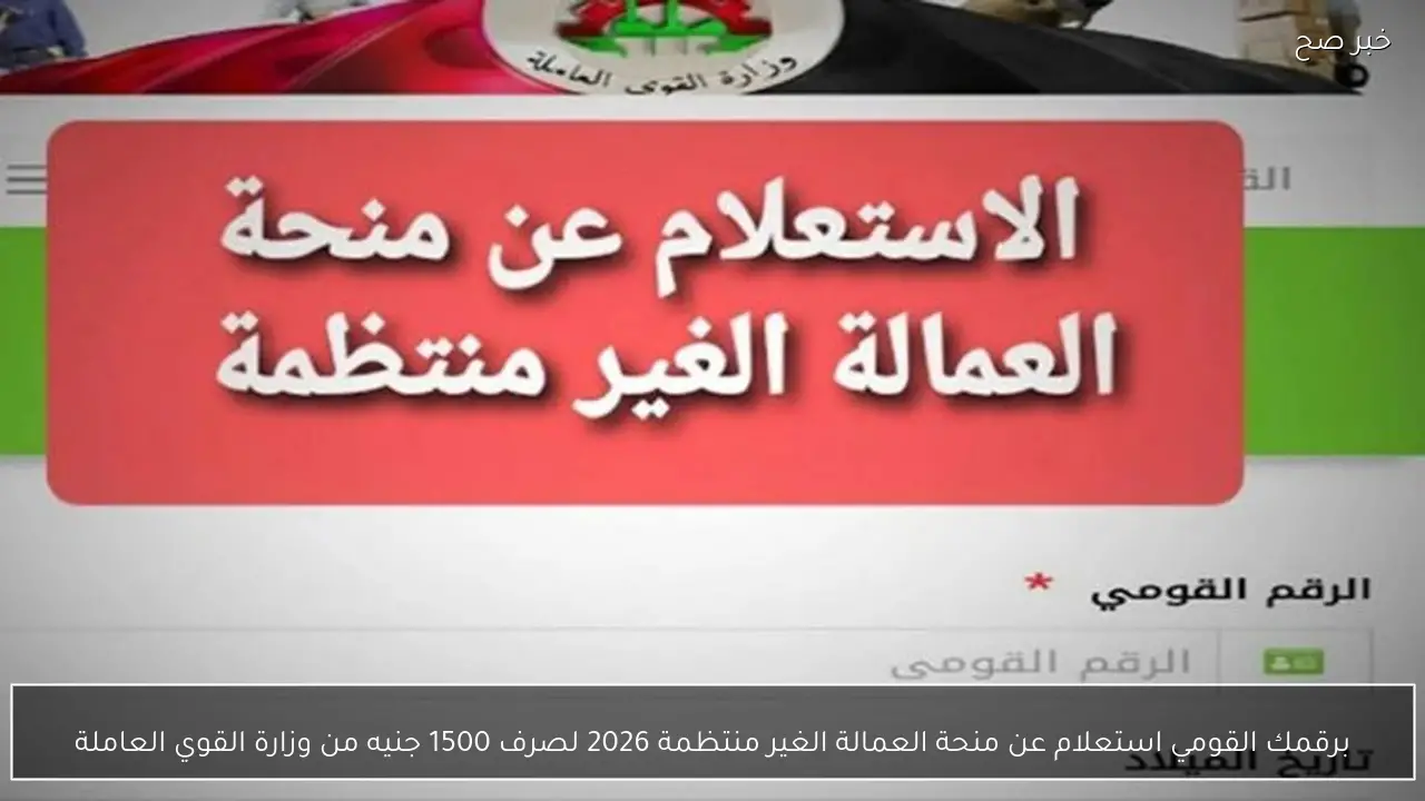 برقمك القومي استعلام عن منحة العمالة الغير منتظمة 2026 لصرف 1500 جنيه من وزارة القوي العاملة