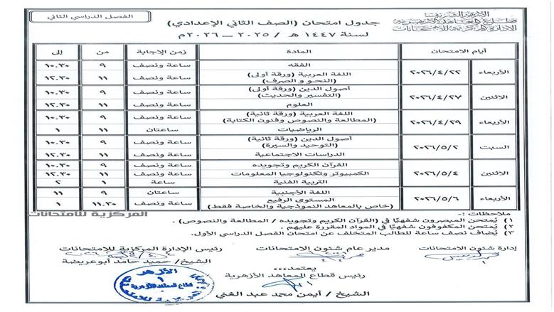 جدول الصف الثاني الإعدادي الأزهري