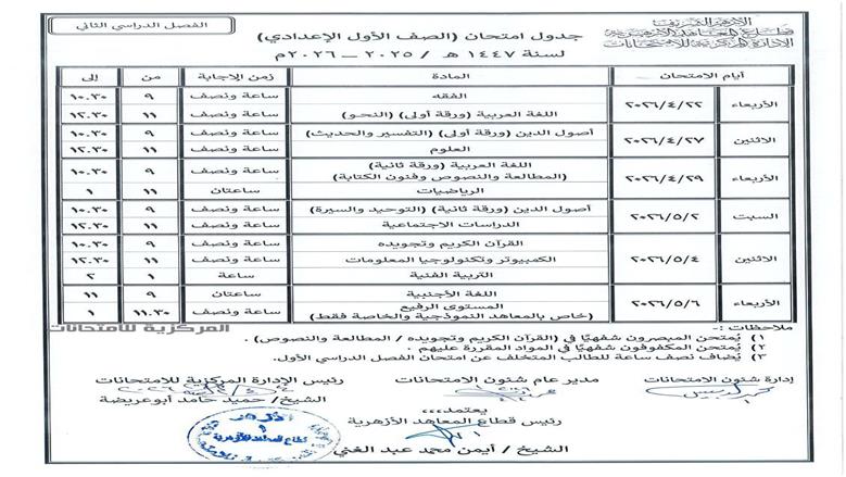 جدول الصف الثاني الإعدادي الأزهري